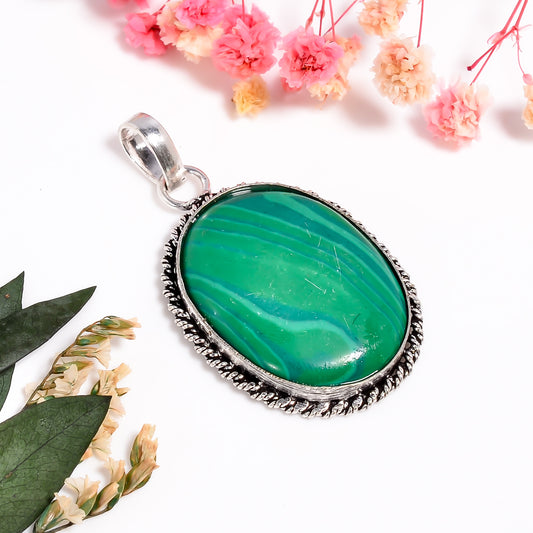 Handmade 925 Silver Malachite Gemstone Pendant For Women - Oval Shape Gemstone Silver Jewelry - Healing crystal necklace Gift For Sister