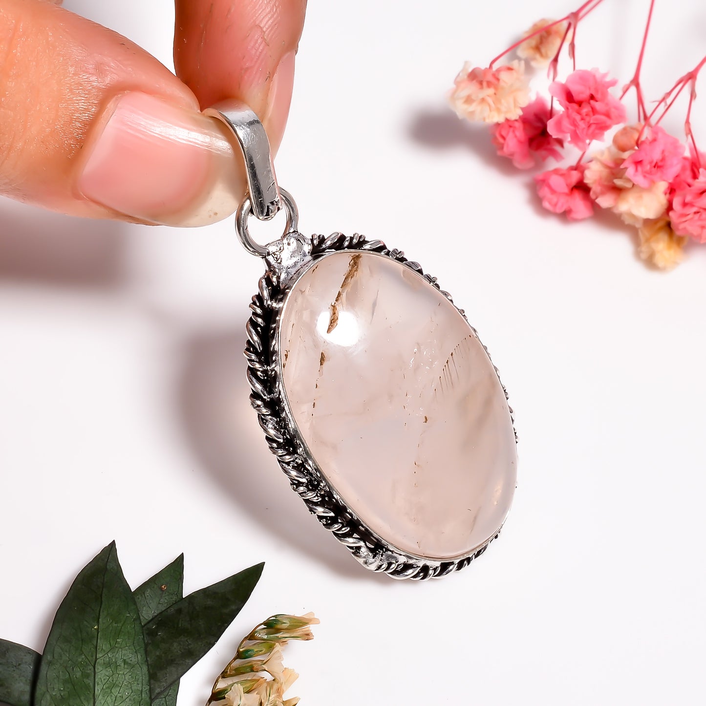 Rose Quartz Pendant | Heart Chakra Crystal Necklace | Pink Gemstone Jewelry in Silver | Stone of Love | Healing Pendant | Gift for Her