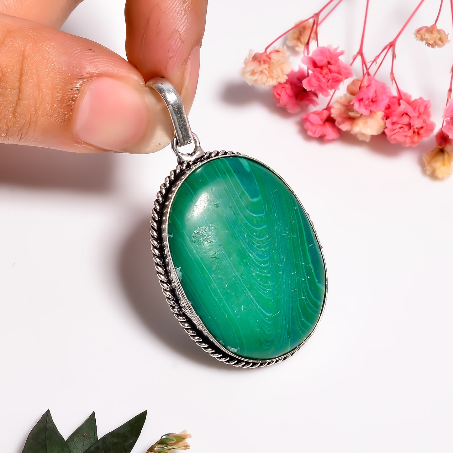 Green Agate Gemstone Pendant - 925 Silver Cabochon Gemstone Necklace - Natural Vintage Inspired Healing Stone Boho Jewelry Gift for Her