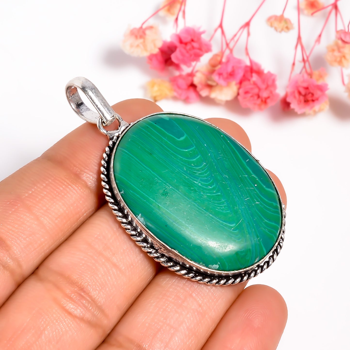 Green Agate Gemstone Pendant - 925 Silver Cabochon Gemstone Necklace - Natural Vintage Inspired Healing Stone Boho Jewelry Gift for Her