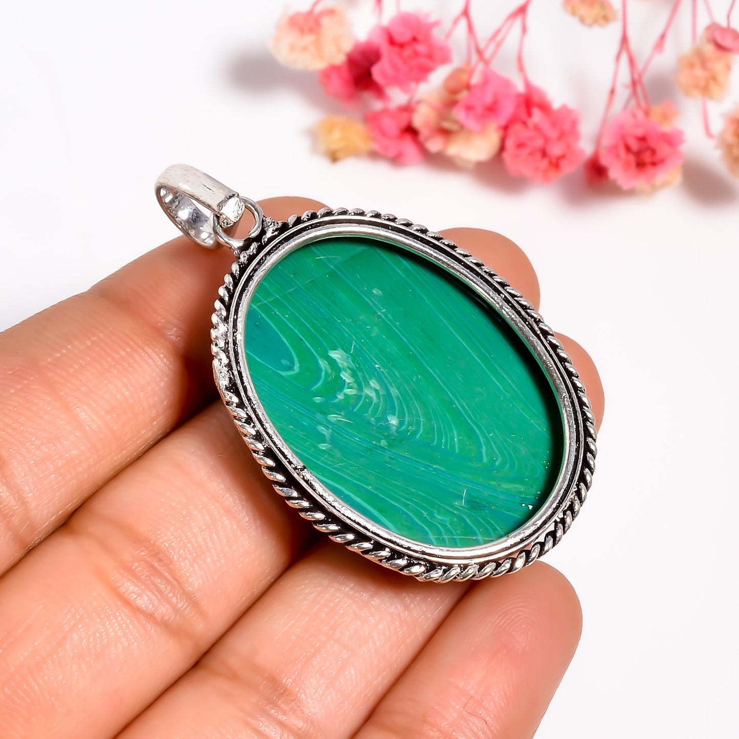 Green Agate Gemstone Pendant - 925 Silver Cabochon Gemstone Necklace - Natural Vintage Inspired Healing Stone Boho Jewelry Gift for Her