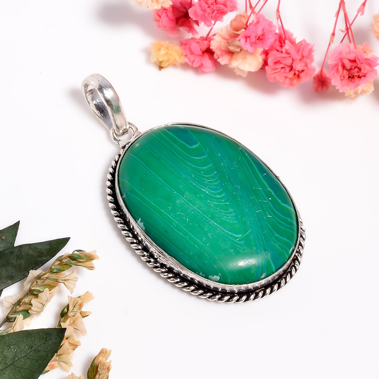 Green Agate Gemstone Pendant - 925 Silver Cabochon Gemstone Necklace - Natural Vintage Inspired Healing Stone Boho Jewelry Gift for Her
