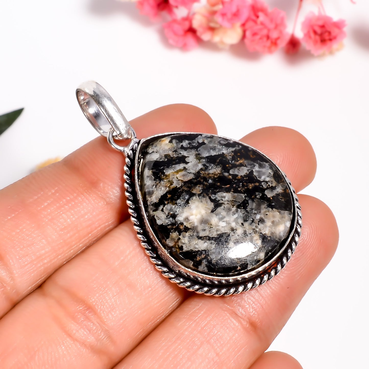 Teardrop Shape Gemstone Pendant, Handmade 925 Silver Jasper Gemstone Necklace for Women