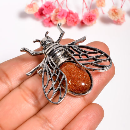 Sunstone Bee Pendant Brooch | Dual Use Insect Jewelry | Handmade Silver Bug Pin | Natural Sunstone Statement Jewelry | Nature Lover Gift