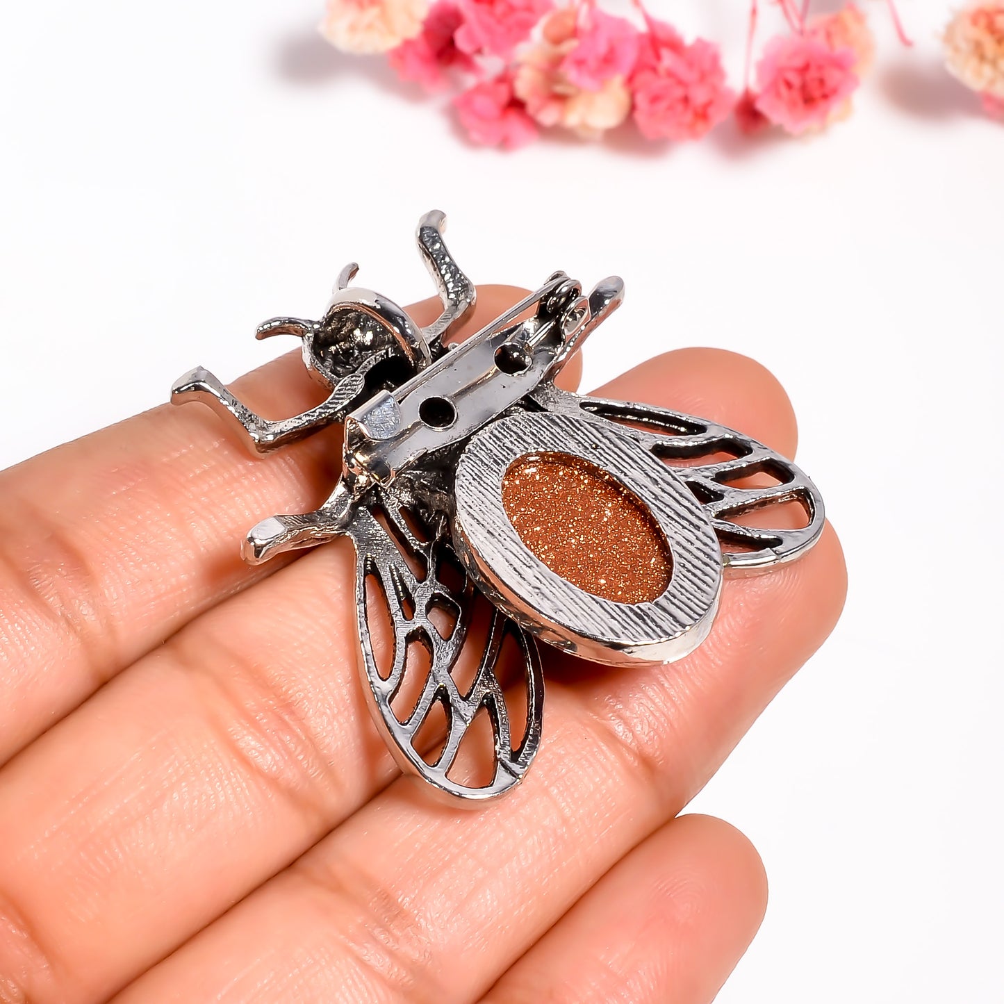 Sunstone Bee Pendant Brooch | Dual Use Insect Jewelry | Handmade Silver Bug Pin | Natural Sunstone Statement Jewelry | Nature Lover Gift