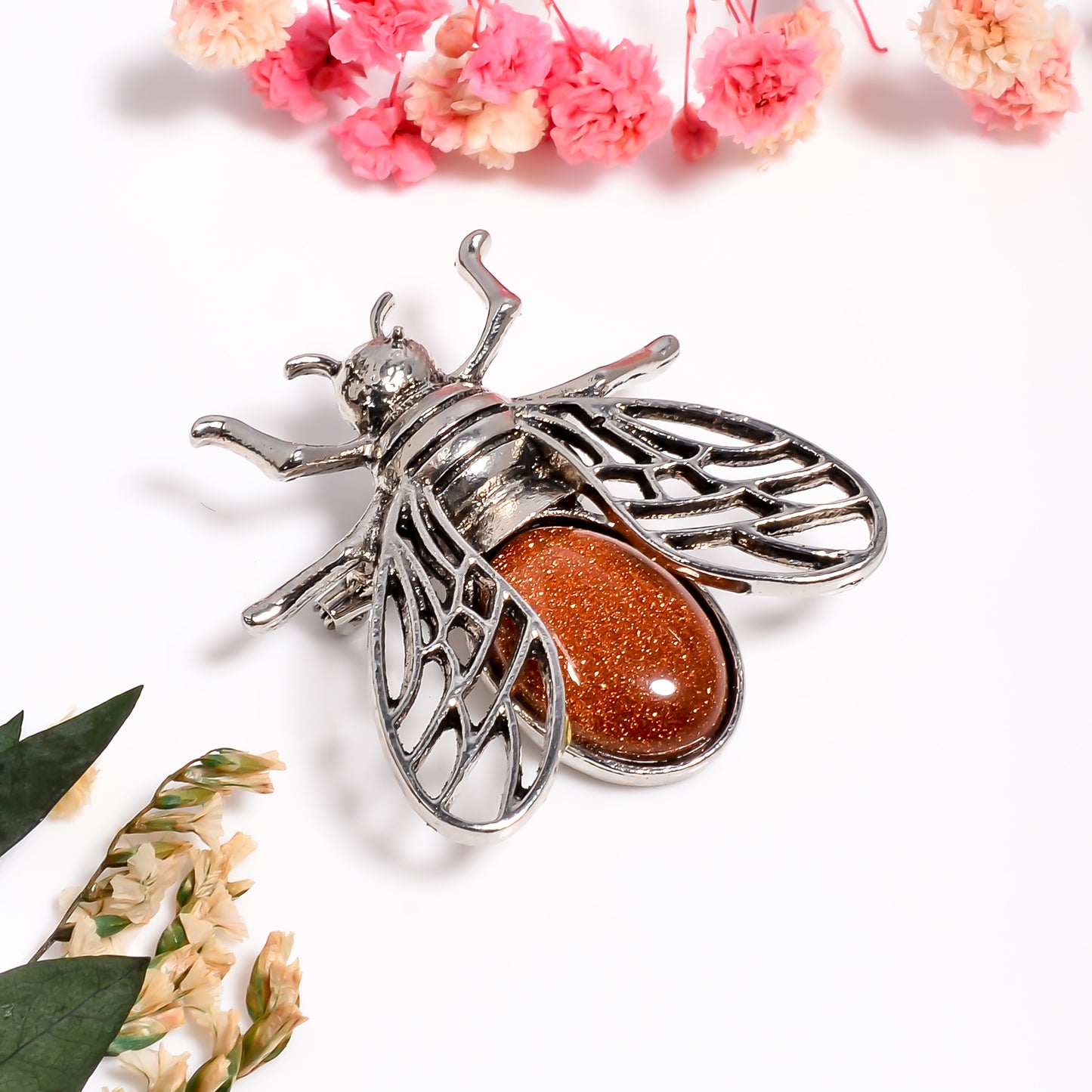 Sunstone Bee Pendant Brooch | Dual Use Insect Jewelry | Handmade Silver Bug Pin | Natural Sunstone Statement Jewelry | Nature Lover Gift