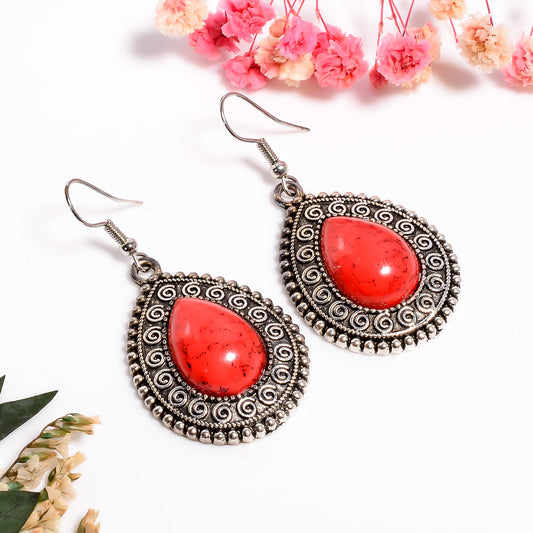 925 Red Coral Silver Earrings, Pear Shape Statement Earrings, Dainty Handmade Red Coral Vintage Earrings, March Gemstone Jewelry