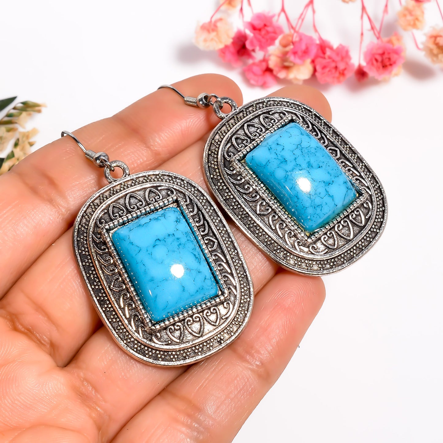 Blue Turquoise Earrings, 925 Silver Natural Turquoise Gemstone Bridal Earrings, Turquoise Silver Earrings, Chandelier Earrings, Gift for Her