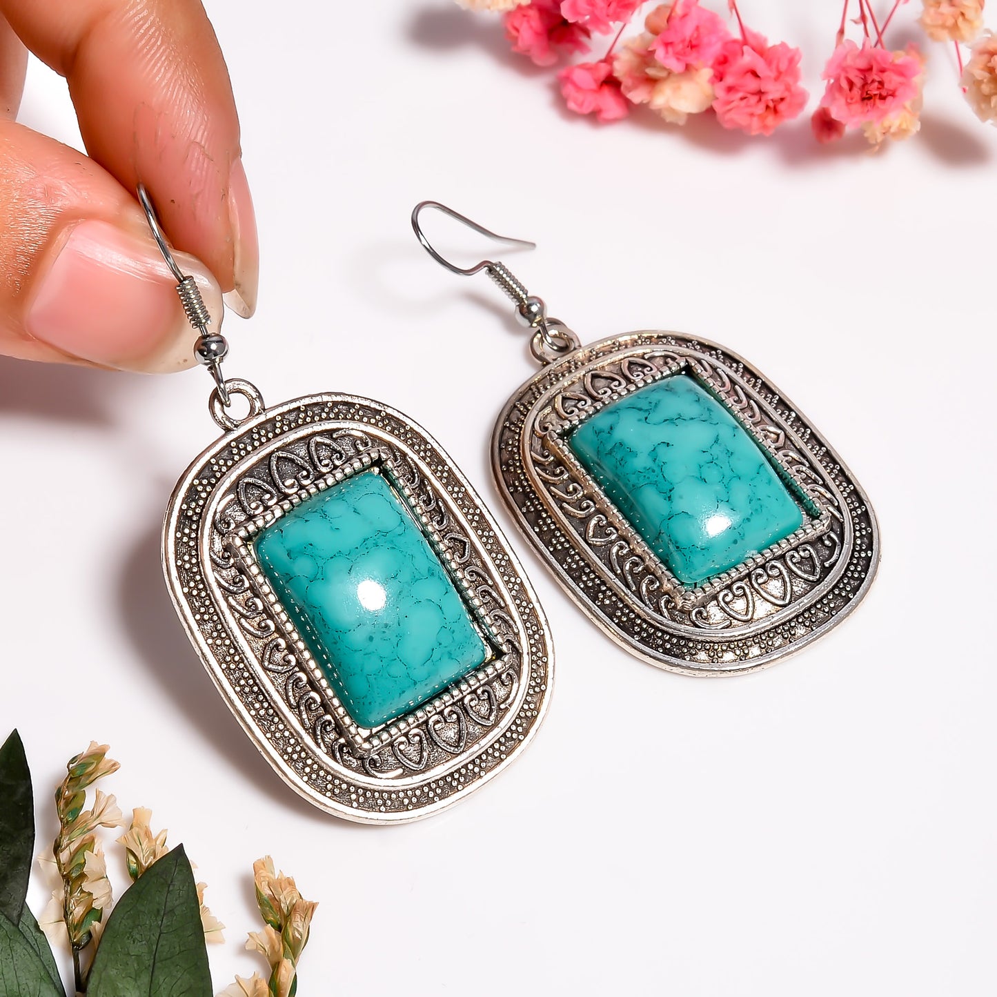 Turquoise Statement Earrings, 925 Antique Silver Jewelry, Handmade Oxidized Gemstone Earrings, Tibetan Turquoise Gemstone Earring for Her