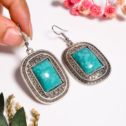 Turquoise Statement Earrings, 925 Antique Silver Jewelry, Handmade Oxidized Gemstone Earrings, Tibetan Turquoise Gemstone Earring for Her