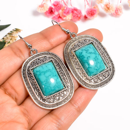 Turquoise Statement Earrings, 925 Antique Silver Jewelry, Handmade Oxidized Gemstone Earrings, Tibetan Turquoise Gemstone Earring for Her