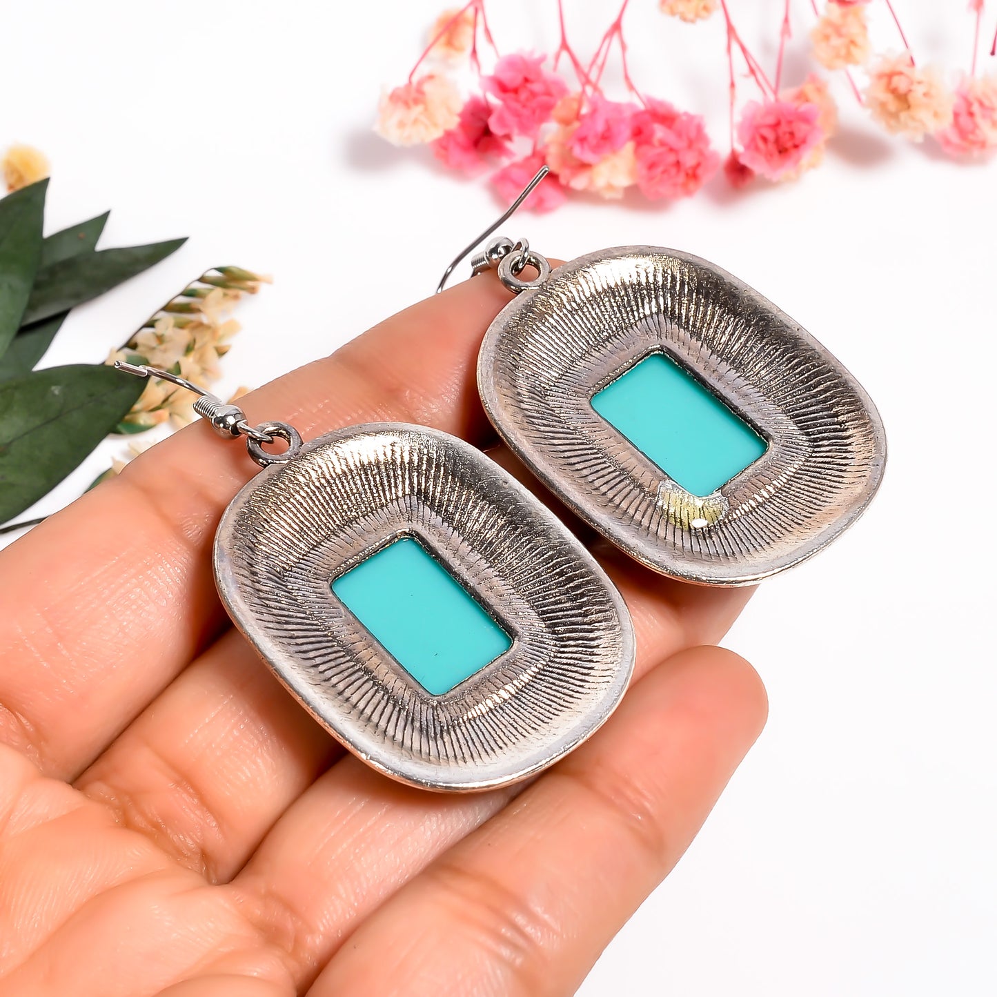 Turquoise Statement Earrings, 925 Antique Silver Jewelry, Handmade Oxidized Gemstone Earrings, Tibetan Turquoise Gemstone Earring for Her
