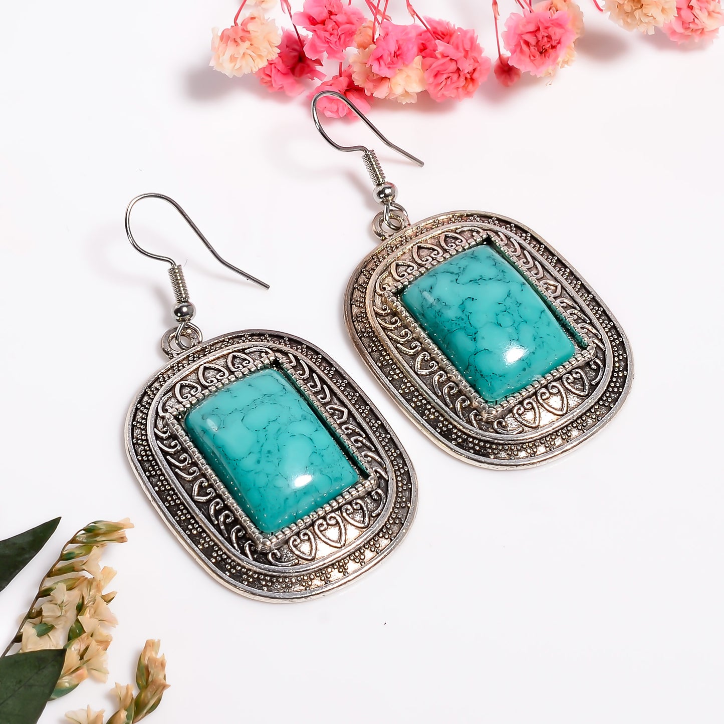 Turquoise Statement Earrings, 925 Antique Silver Jewelry, Handmade Oxidized Gemstone Earrings, Tibetan Turquoise Gemstone Earring for Her