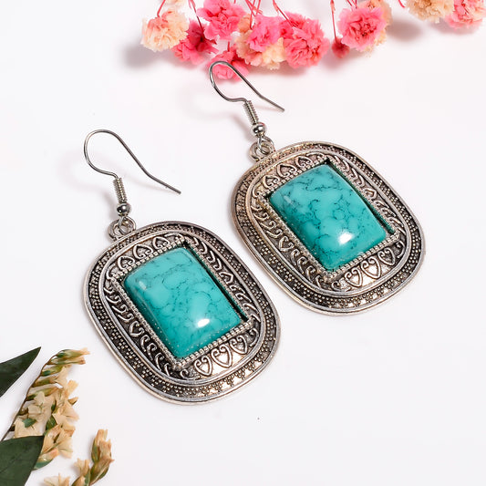Turquoise Statement Earrings, 925 Antique Silver Jewelry, Handmade Oxidized Gemstone Earrings, Tibetan Turquoise Gemstone Earring for Her