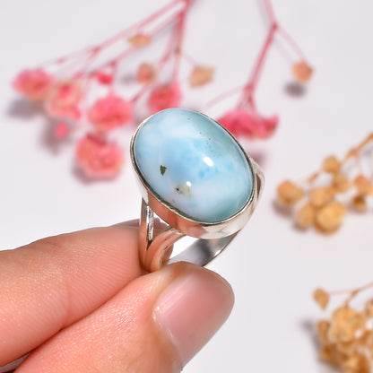 Dominican Larimar Ring, 925 Sterling Silver Ring, Oval Gemstone Ring, Handmade Jewelry, Hippie Ring, Healing Stone Ring, Gift For Her