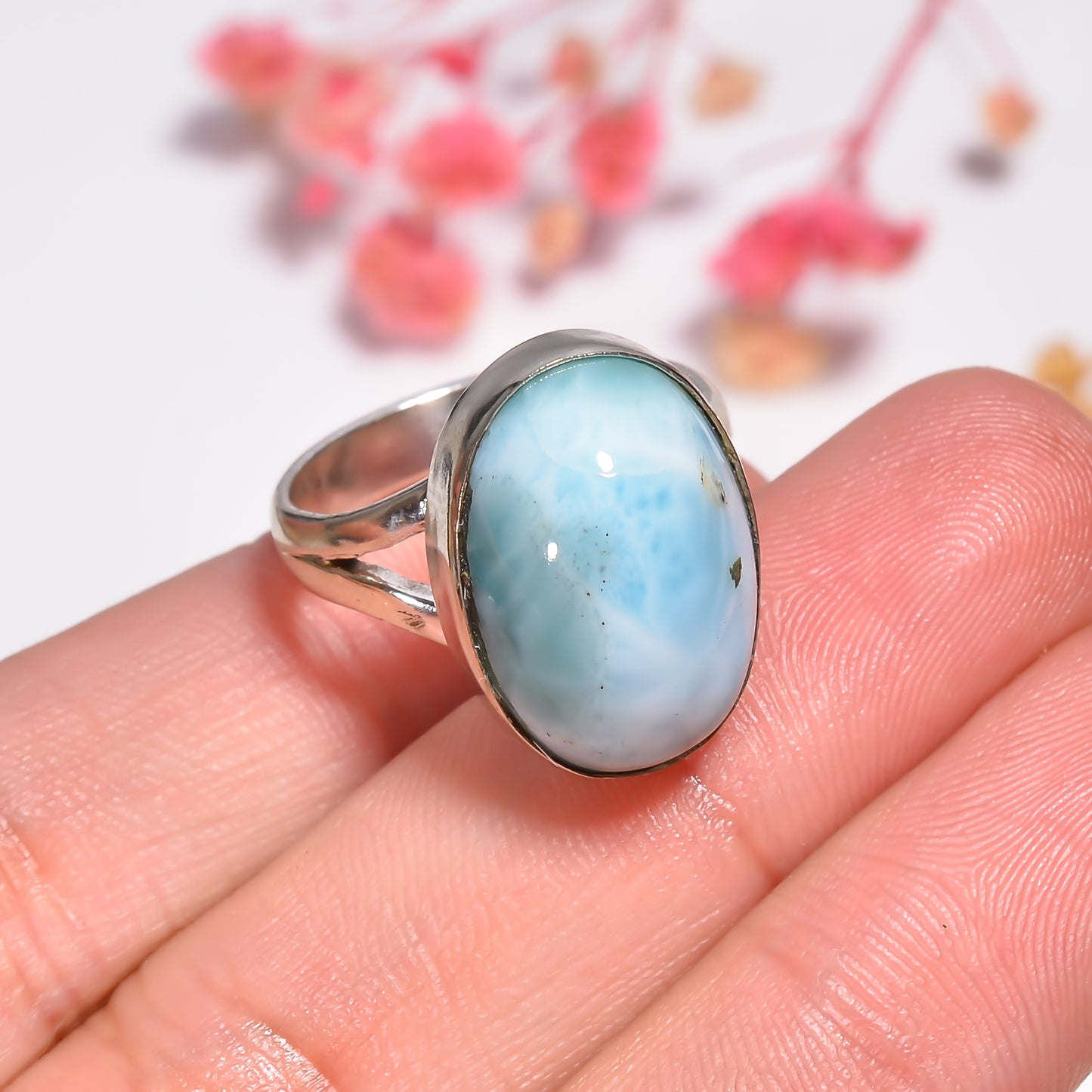 Dominican Larimar Ring, 925 Sterling Silver Ring, Oval Gemstone Ring, Handmade Jewelry, Hippie Ring, Healing Stone Ring, Gift For Her