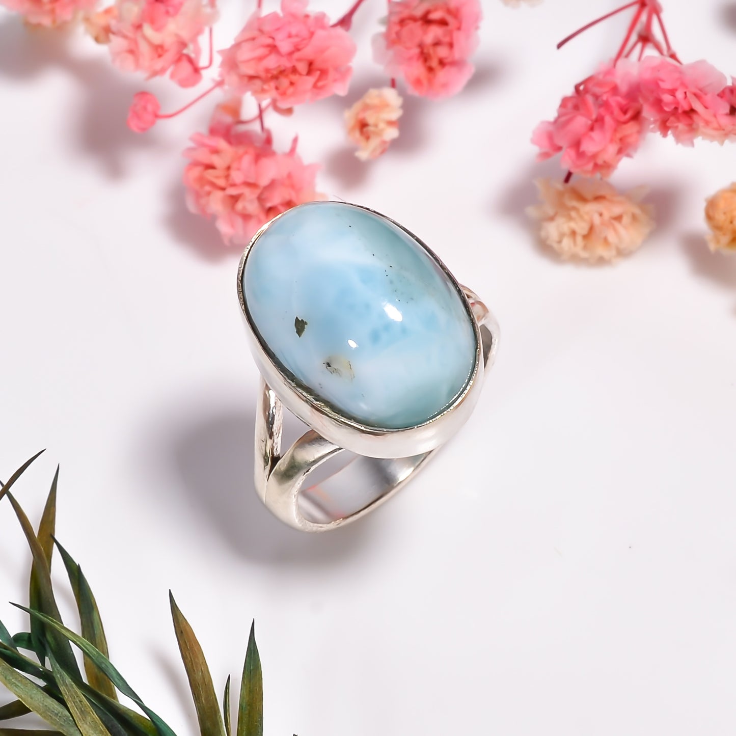 Dominican Larimar Ring, 925 Sterling Silver Ring, Oval Gemstone Ring, Handmade Jewelry, Hippie Ring, Healing Stone Ring, Gift For Her
