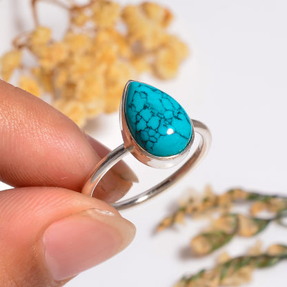 Pear Shape Turquoise Gemstone Silver Ring, Natural Pear Shape Turquoise Gemstone Ring, Turquoise Jewelry, Gift for Her