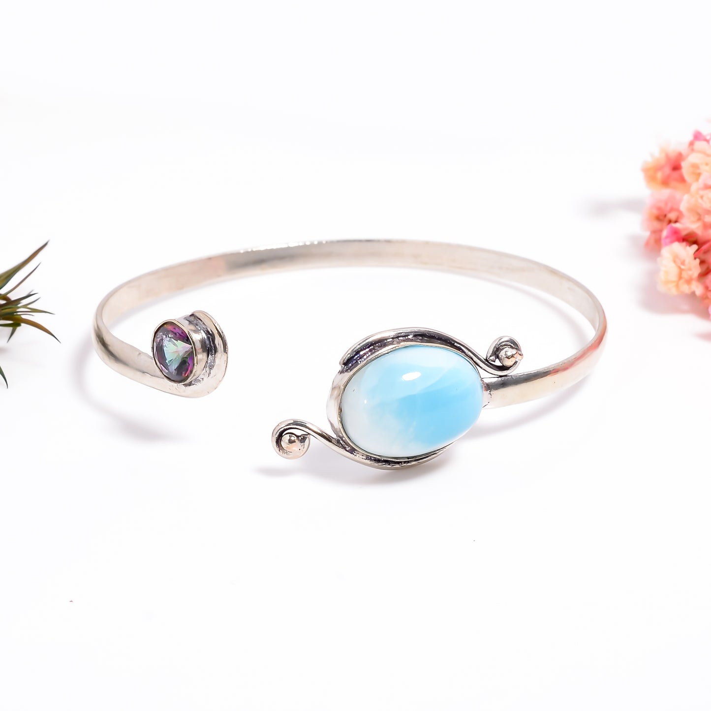 Larimar Dainty Silver Bracelet, Larimar Healing Benefits Bracelet, Mystic Topaz Bracelet, Adjustable Gemstone Bangle, Handmade Boho Jewelry