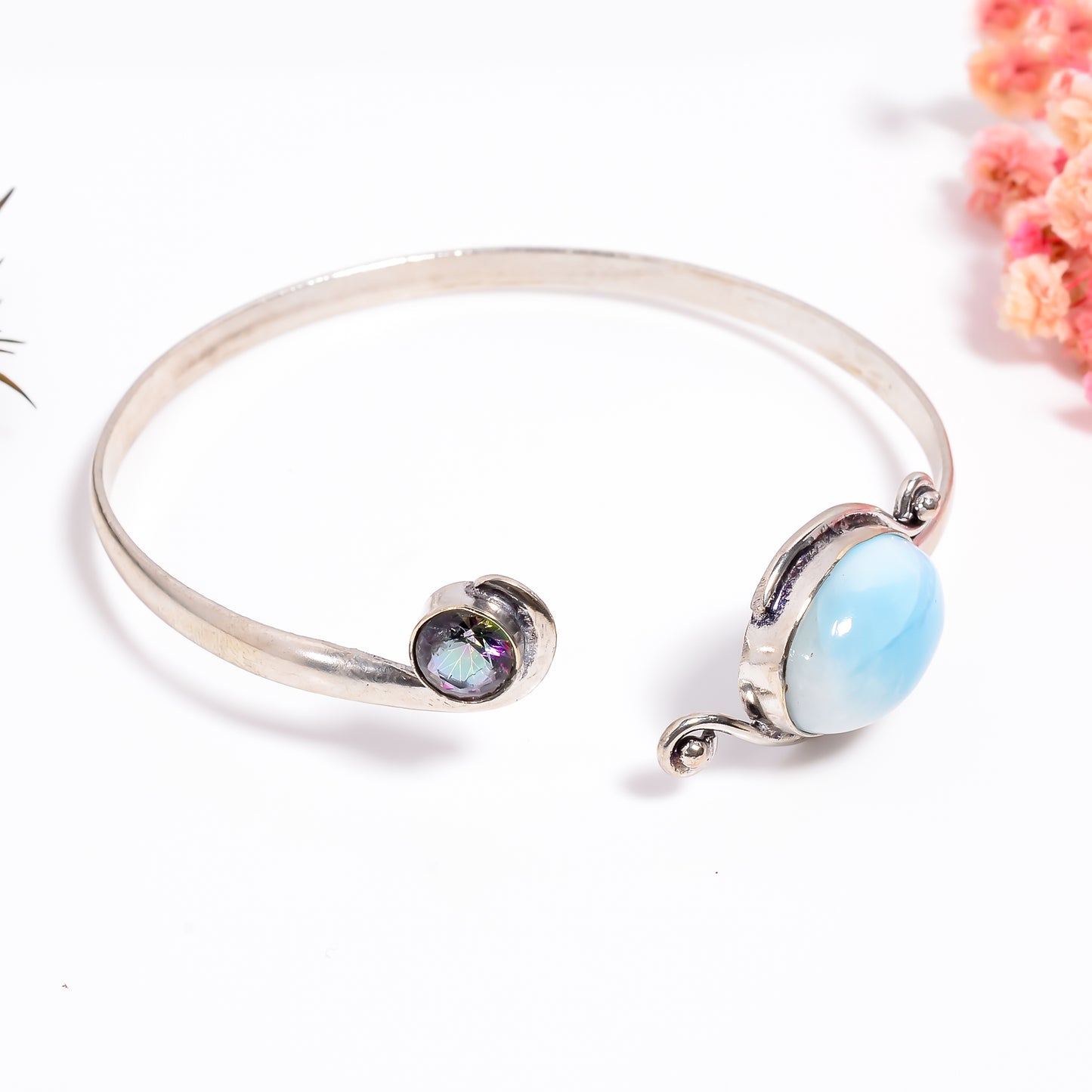 Larimar Dainty Silver Bracelet, Larimar Healing Benefits Bracelet, Mystic Topaz Bracelet, Adjustable Gemstone Bangle, Handmade Boho Jewelry