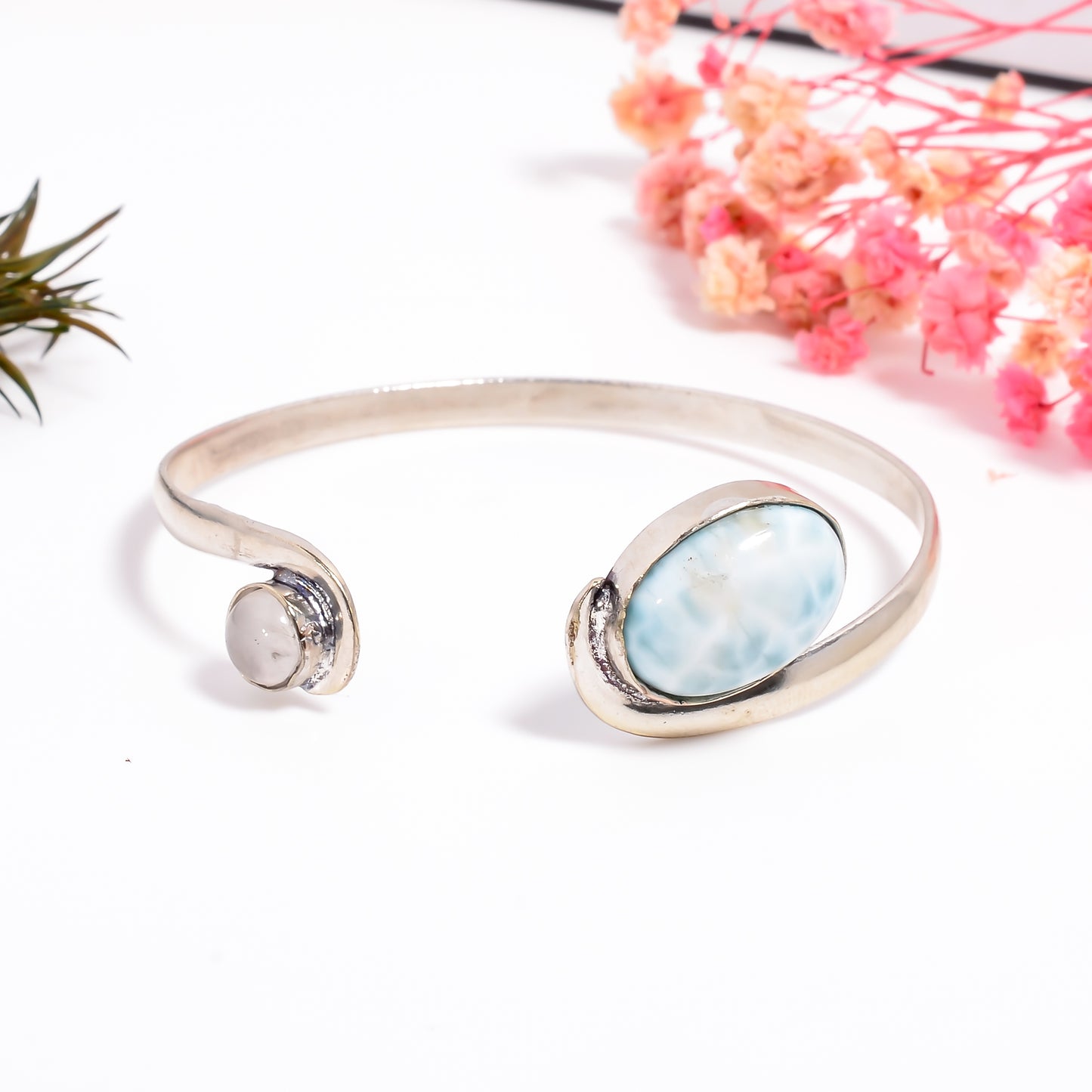 Adjustable Larimar Bangle, 925 Sterling Silver Open Cuff Bracelet, Moonstone Bangle, Handmade Silver Bangle for Women, Gift for Her