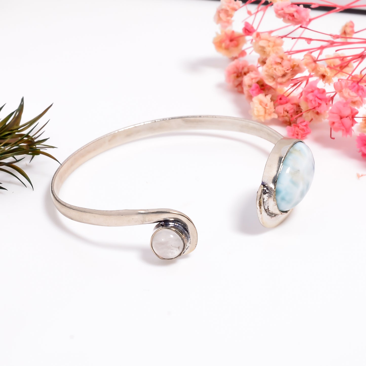 Adjustable Larimar Bangle, 925 Sterling Silver Open Cuff Bracelet, Moonstone Bangle, Handmade Silver Bangle for Women, Gift for Her