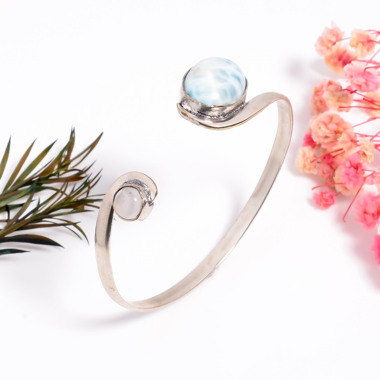 Adjustable Larimar Bangle, 925 Sterling Silver Open Cuff Bracelet, Moonstone Bangle, Handmade Silver Bangle for Women, Gift for Her