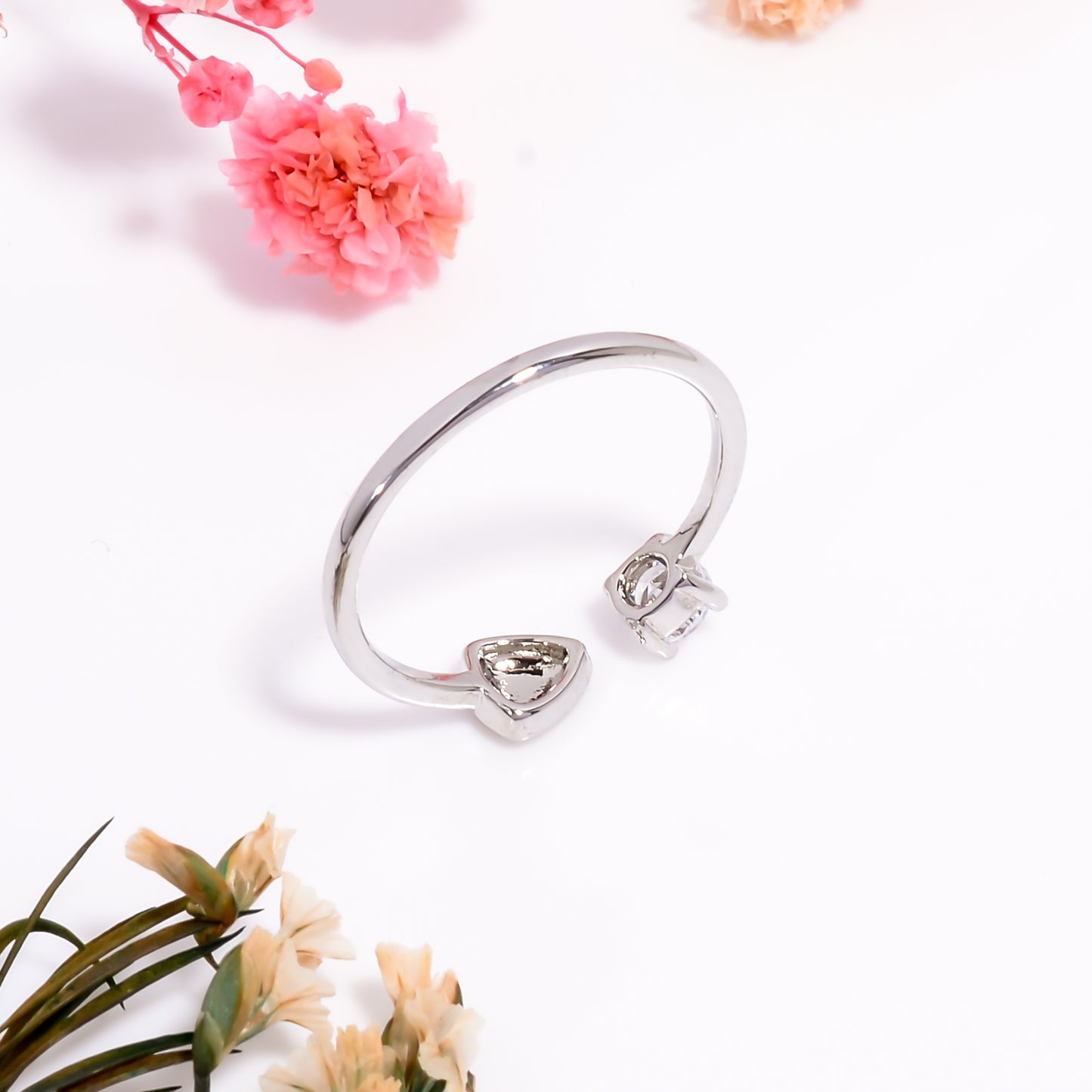 Silver Heart Ring, Open Band Adjustble Ring for Women, CZ Stone Dainty Love Ring, Minimalist Silver Tone Ring, Couple Jewelry, Gift for Her