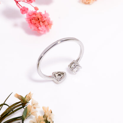 Silver Heart Ring, Open Band Adjustble Ring for Women, CZ Stone Dainty Love Ring, Minimalist Silver Tone Ring, Couple Jewelry, Gift for Her
