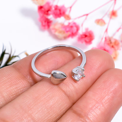 Silver Heart Ring, Open Band Adjustble Ring for Women, CZ Stone Dainty Love Ring, Minimalist Silver Tone Ring, Couple Jewelry, Gift for Her