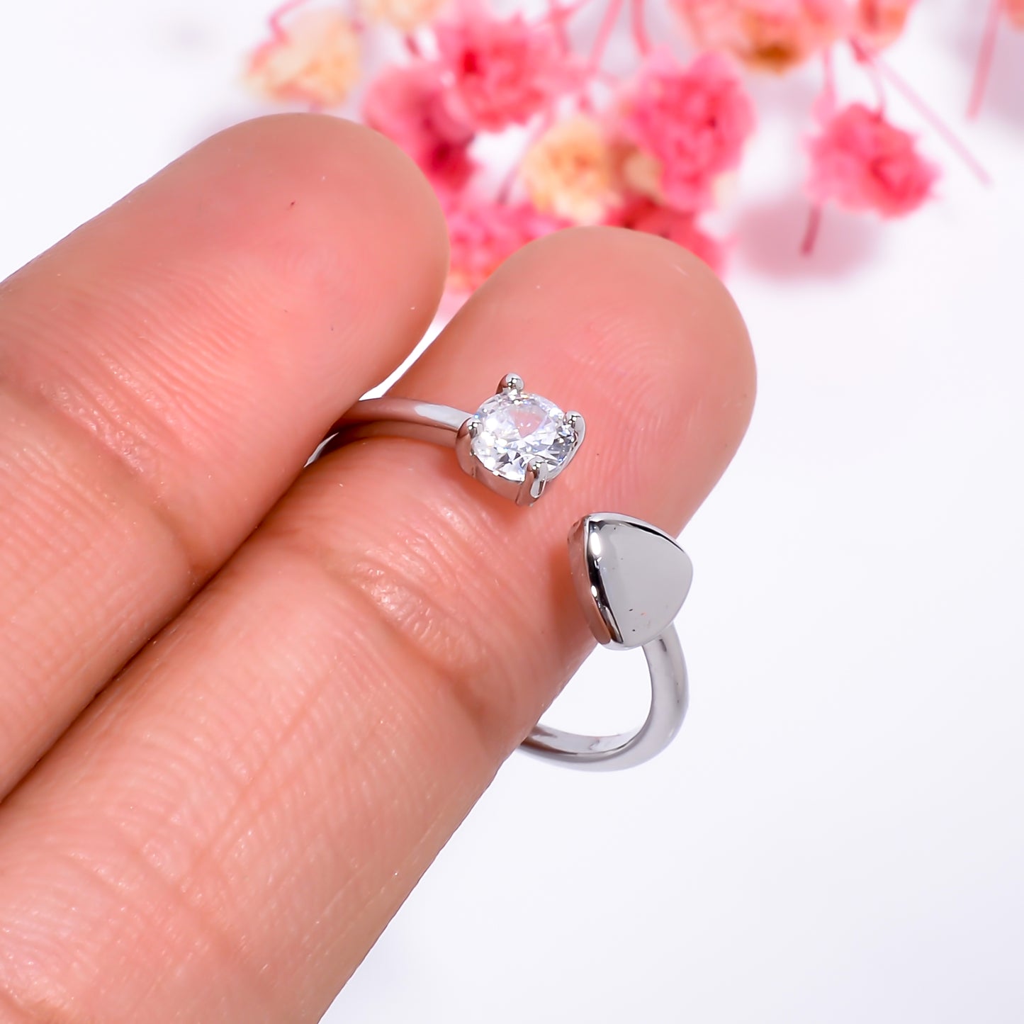 Silver Heart Ring, Open Band Adjustble Ring for Women, CZ Stone Dainty Love Ring, Minimalist Silver Tone Ring, Couple Jewelry, Gift for Her