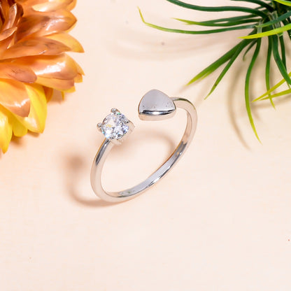 Silver Heart Ring, Open Band Adjustble Ring for Women, CZ Stone Dainty Love Ring, Minimalist Silver Tone Ring, Couple Jewelry, Gift for Her