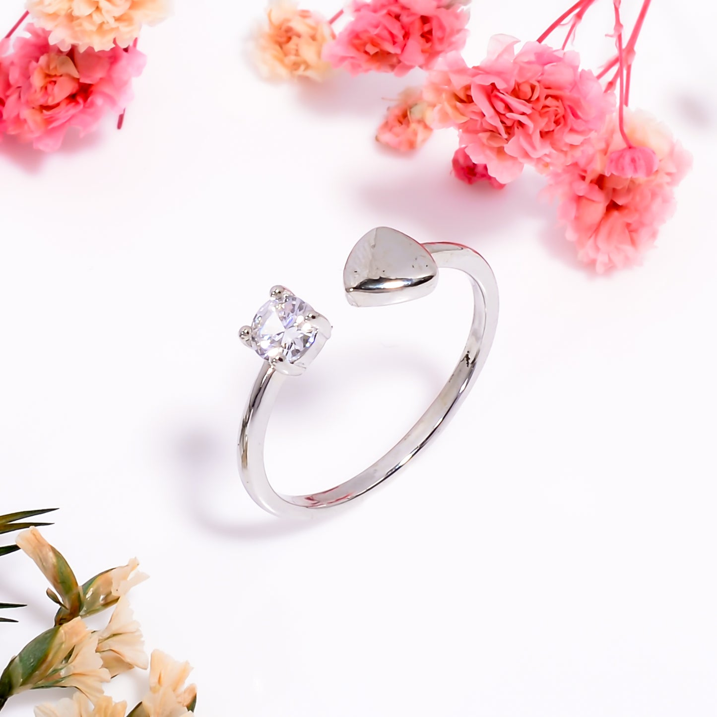 Silver Heart Ring, Open Band Adjustble Ring for Women, CZ Stone Dainty Love Ring, Minimalist Silver Tone Ring, Couple Jewelry, Gift for Her
