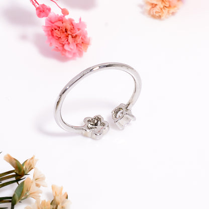 Adjustable Flower & Stone Open Ring | Minimalist Silver Tone Tone Ring | Dainty Promise Ring for Women |