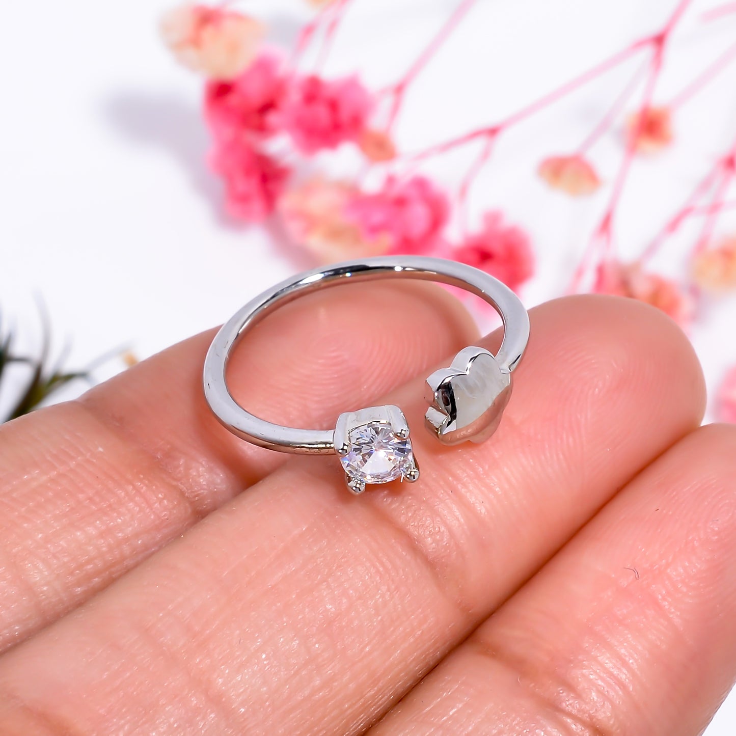 Adjustable Flower & Stone Open Ring | Minimalist Silver Tone Tone Ring | Dainty Promise Ring for Women |