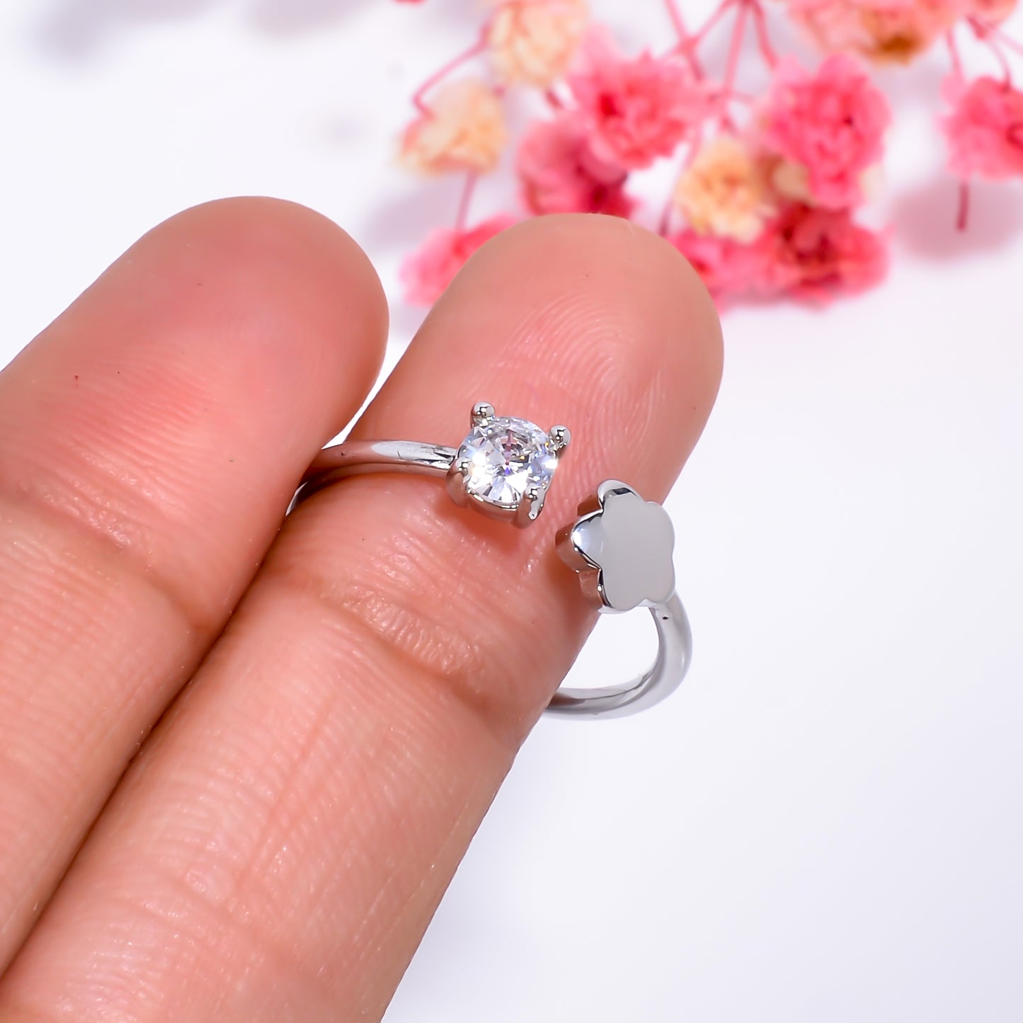 Adjustable Flower & Stone Open Ring | Minimalist Silver Tone Tone Ring | Dainty Promise Ring for Women |