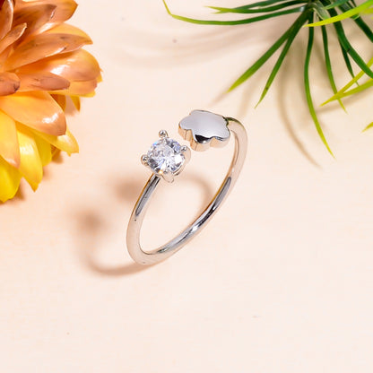 Adjustable Flower & Stone Open Ring | Minimalist Silver Tone Tone Ring | Dainty Promise Ring for Women |