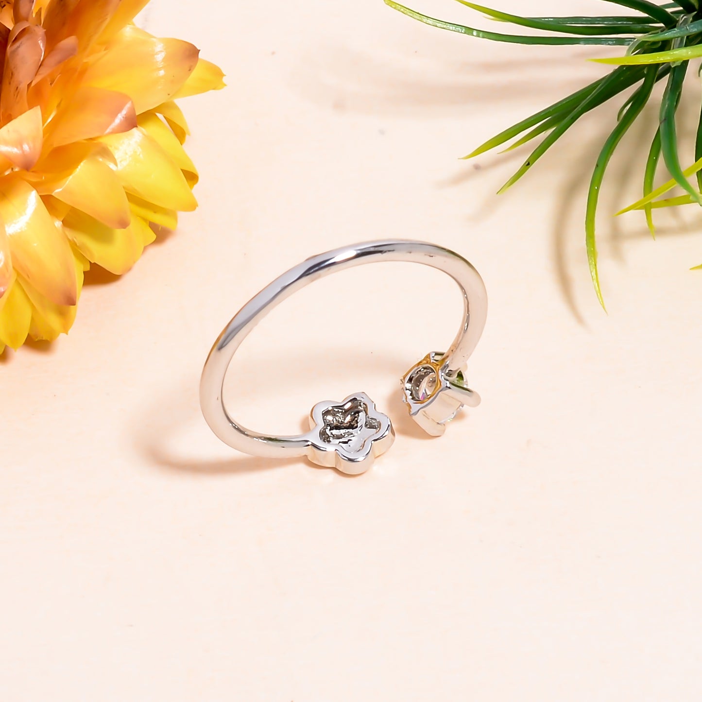 Adjustable Flower & Stone Open Ring | Minimalist Silver Tone Tone Ring | Dainty Promise Ring for Women |