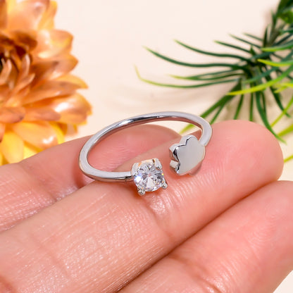 Adjustable Flower & Stone Open Ring | Minimalist Silver Tone Tone Ring | Dainty Promise Ring for Women |