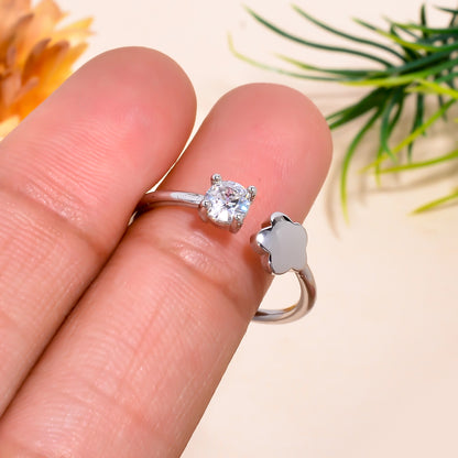 Adjustable Flower & Stone Open Ring | Minimalist Silver Tone Tone Ring | Dainty Promise Ring for Women |