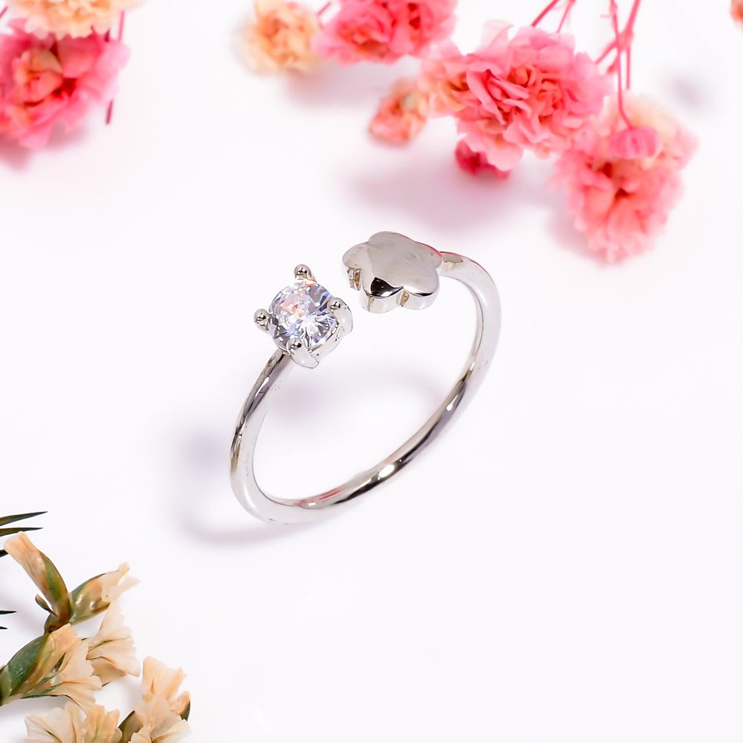 Adjustable Flower & Stone Open Ring | Minimalist Silver Tone Tone Ring | Dainty Promise Ring for Women |