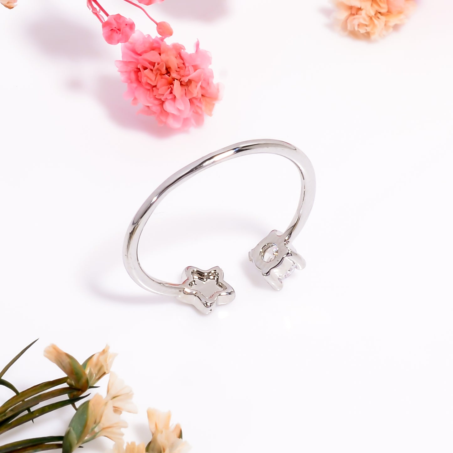Adjustable Star & Stone Open Ring | Minimalist Silver Tone Ring | Celestial Promise Ring | Dainty Gift for Her | Everyday Stackable Jewelry