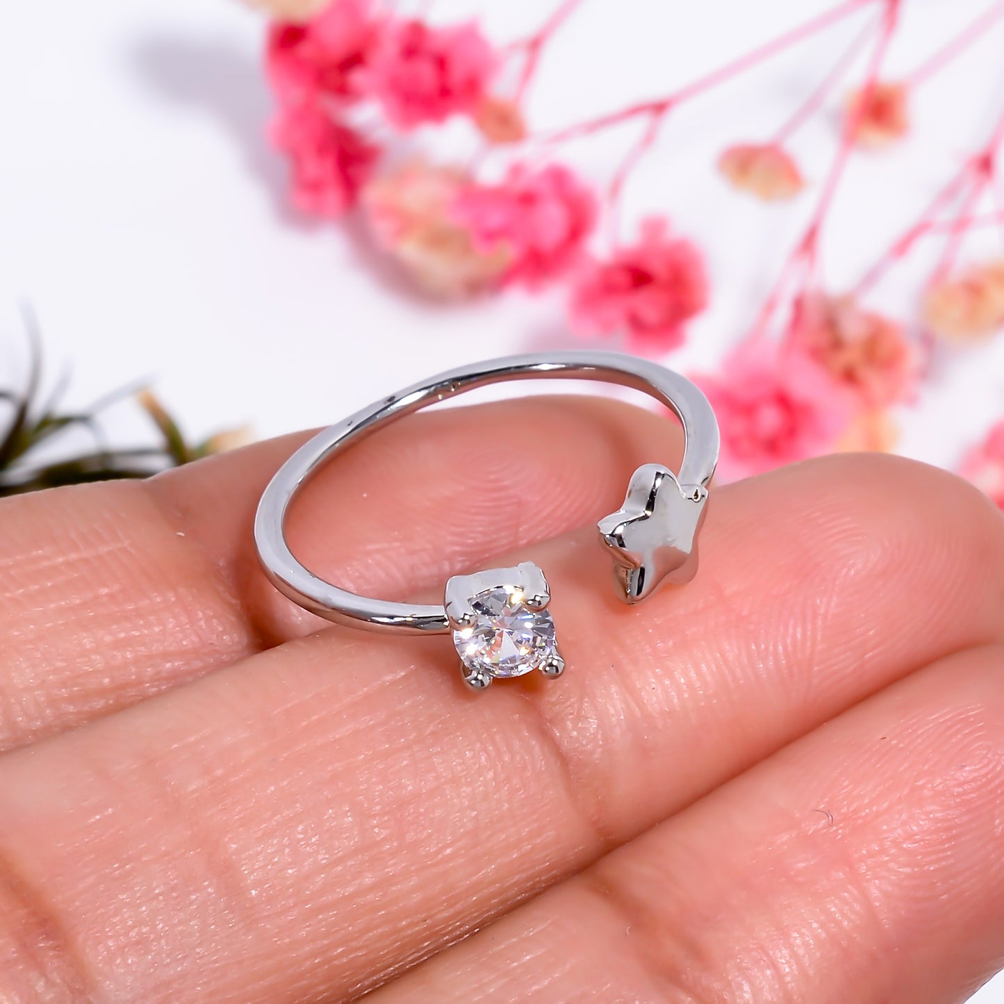 Adjustable Star & Stone Open Ring | Minimalist Silver Tone Ring | Celestial Promise Ring | Dainty Gift for Her | Everyday Stackable Jewelry