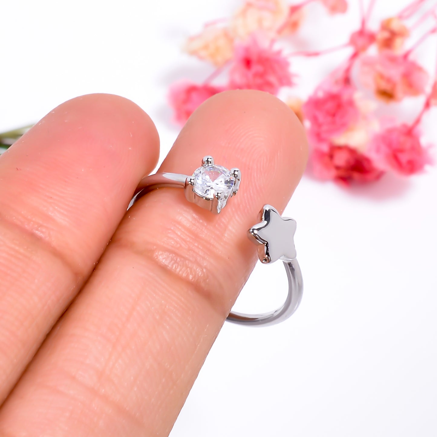 Adjustable Star & Stone Open Ring | Minimalist Silver Tone Ring | Celestial Promise Ring | Dainty Gift for Her | Everyday Stackable Jewelry