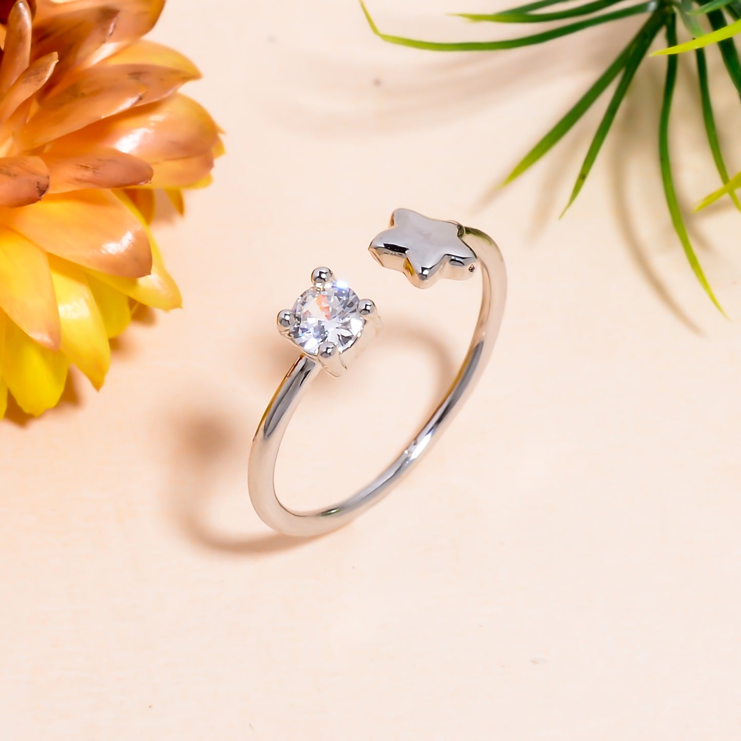 Adjustable Star & Stone Open Ring | Minimalist Silver Tone Ring | Celestial Promise Ring | Dainty Gift for Her | Everyday Stackable Jewelry