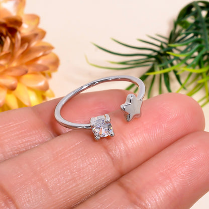 Adjustable Star & Stone Open Ring | Minimalist Silver Tone Ring | Celestial Promise Ring | Dainty Gift for Her | Everyday Stackable Jewelry