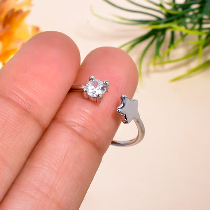 Adjustable Star & Stone Open Ring | Minimalist Silver Tone Ring | Celestial Promise Ring | Dainty Gift for Her | Everyday Stackable Jewelry