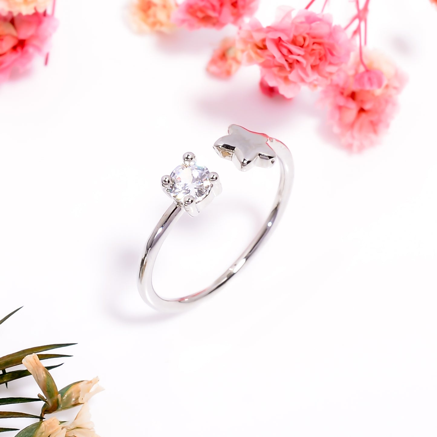 Adjustable Star & Stone Open Ring | Minimalist Silver Tone Ring | Celestial Promise Ring | Dainty Gift for Her | Everyday Stackable Jewelry