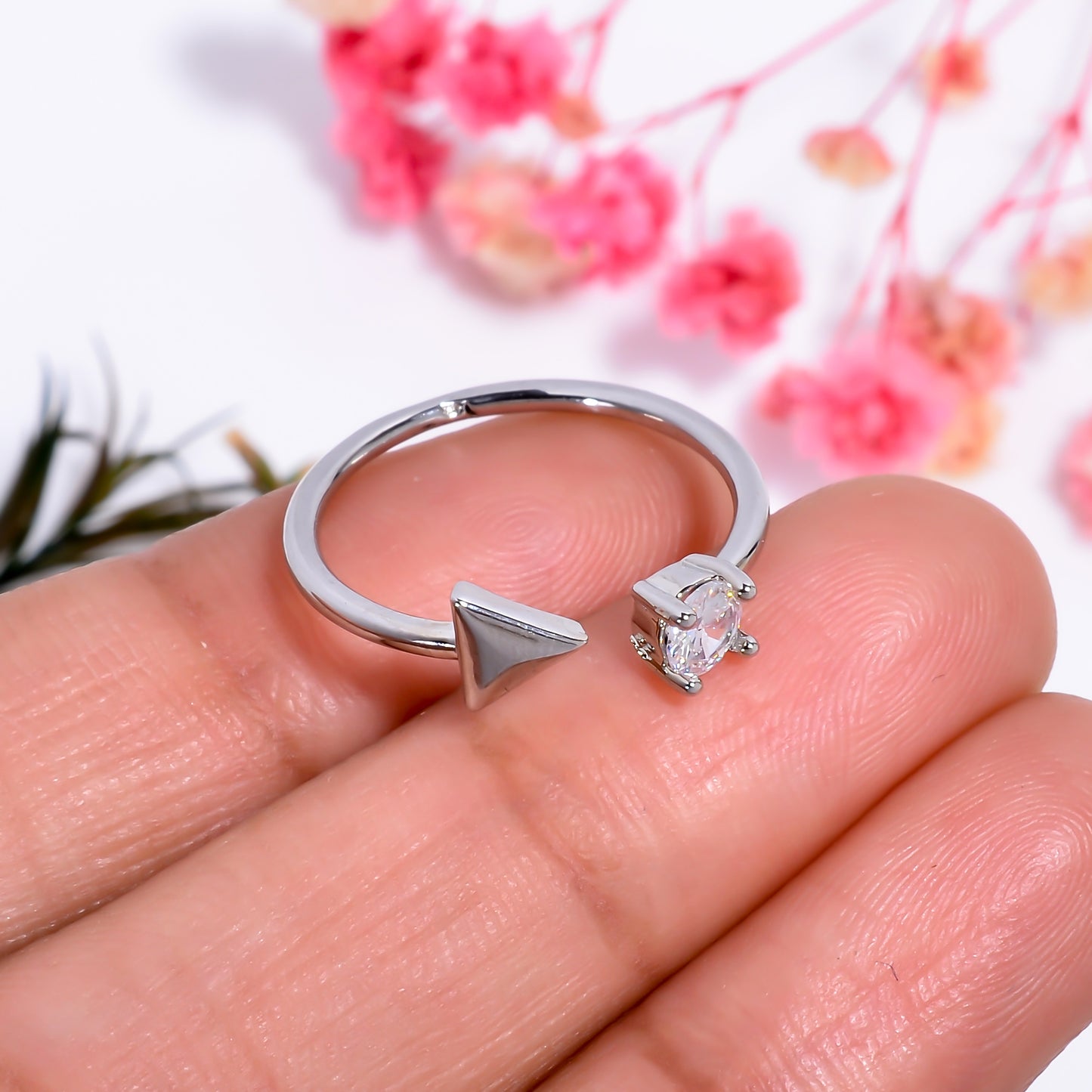Adjustable Arrow & Stone Open Ring | Minimalist Silver Tone Ring | Dainty Promise Ring for Women | Modern Stackable Jewelry Gift for Her