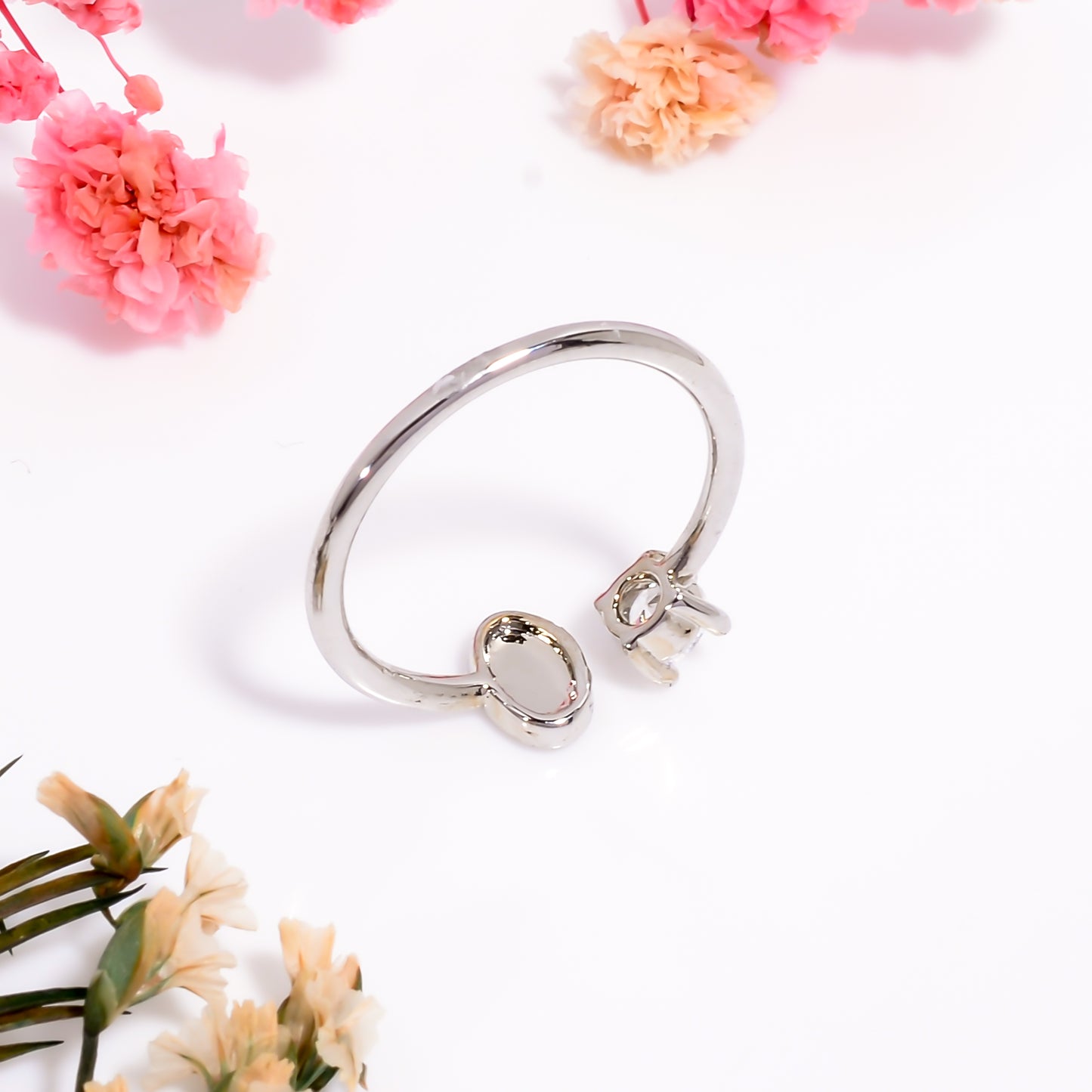 Oval & Cubic Zirconia Adjustable Open Ring – Minimalist Silver Tone Promise Ring | Dainty Everyday Jewelry Gift for Her